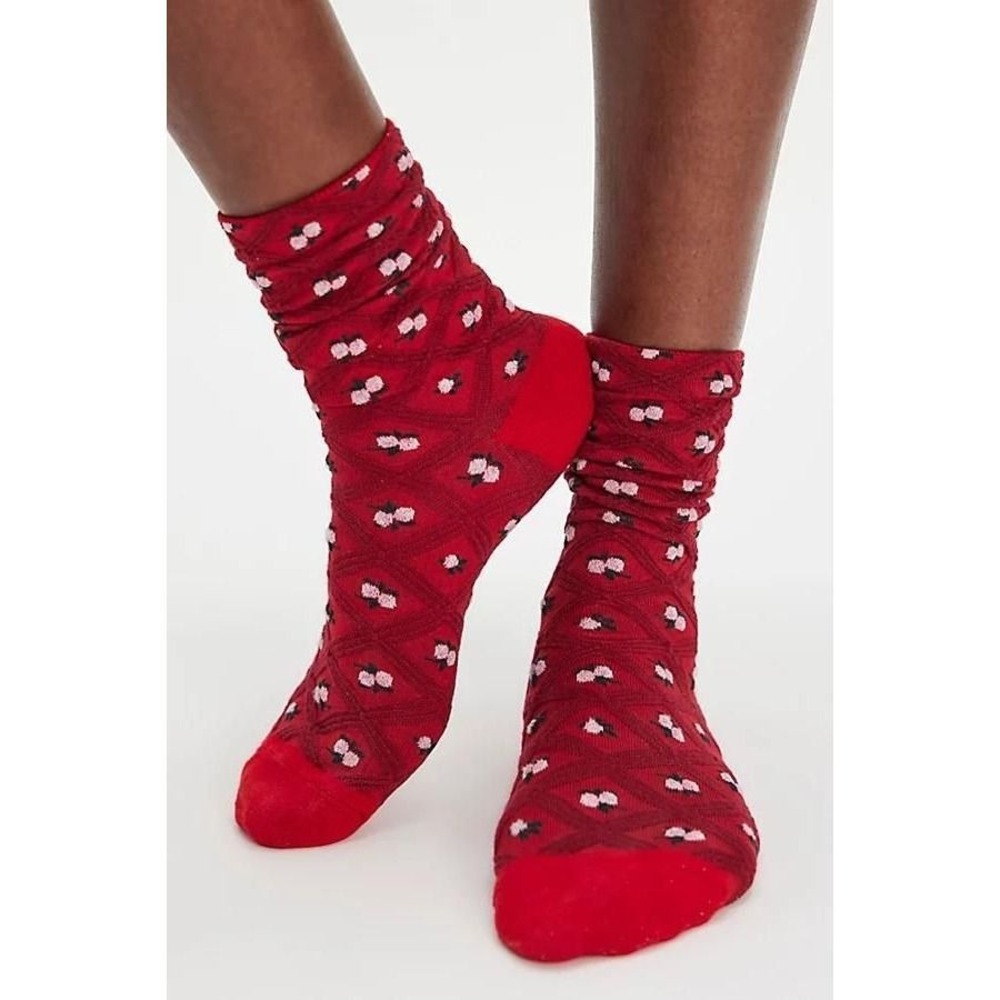 Free People Floral Jacquard Trouser Socks Red Floral Crew Socks NWT OS